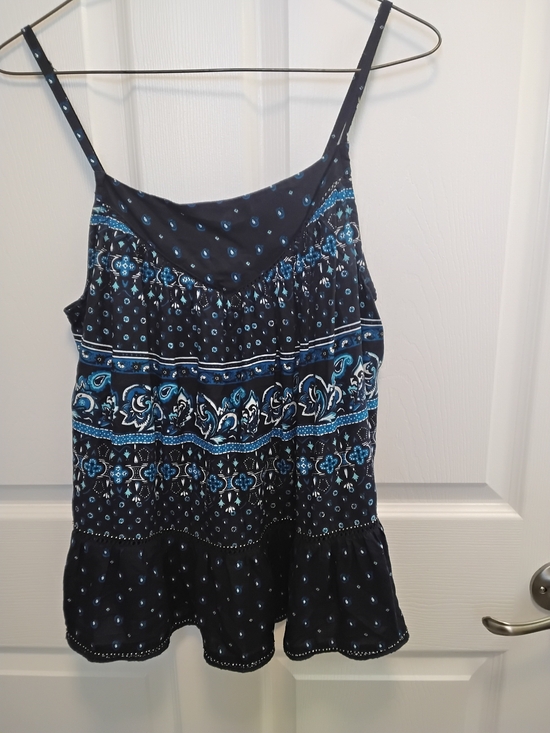 Superdry Tops - Navy Blue Printed Spaghetti Strap  Boho, Paisley, Beaded Camasole Top Size 8